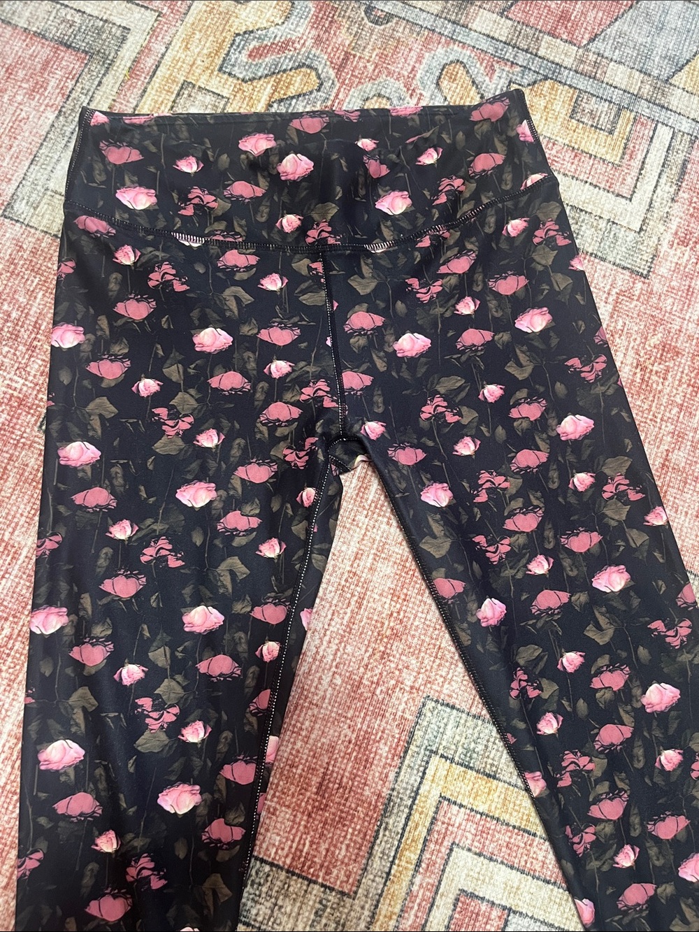Fabletics women’s Capri Floral Print Leggings - Pink Roses on Black